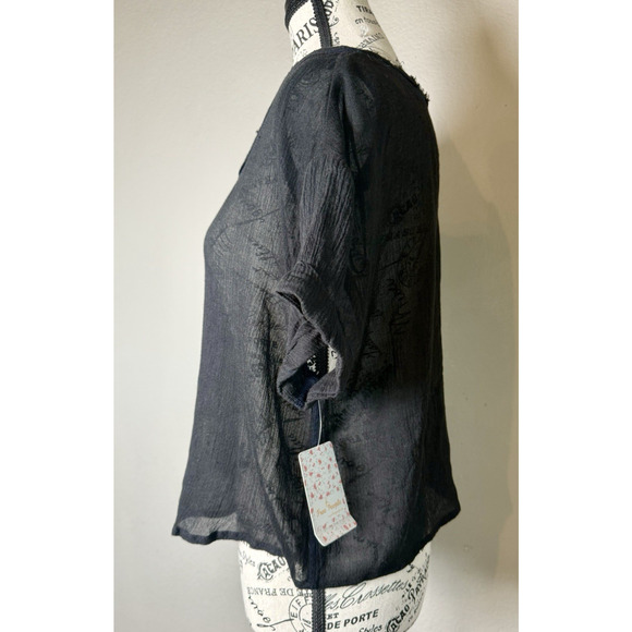 We The Free Women’s Short Sleeve Frayed Black Semi Sheer Shirt Top Oversized XS - Picture 5 of 13